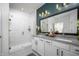 Stylish bathroom features a double vanity, walk-in shower with glass door, and modern finishes at 769 Rose Garden Way, Westfield, IN 46074