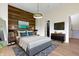 Modern main bedroom showcasing wood accent wall, sleek furnishings, and en-suite bath at 1333 Chatham Rdg Ct, Westfield, IN 46074