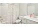 Bright bathroom with a shower-tub combo, colorful curtain, and modern vanity at 1973 Mobley Dr, Westfield, IN 46074