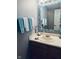 Bathroom featuring a decorative mirror, sink, and blue and white towels at 326 Virginia St, Fortville, IN 46040