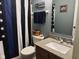 Bright bathroom with sink, mirror, and decorative themed shower curtain with themed wall art at 326 Virginia St, Fortville, IN 46040