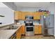 Efficient kitchen features stainless steel appliances, light wood cabinets, and light countertops at 5453 Nighthawk Way, Indianapolis, IN 46254