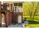 Inviting outdoor patio with spiral staircase, brick columns, built-in grill, and access to lush green yard at 553 Bolderwood Ln, Carmel, IN 46032