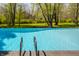 Crystal clear pool with stairs and a backyard view surrounded by green lush trees at 553 Bolderwood Ln, Carmel, IN 46032