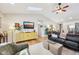 Bright living room with vaulted ceiling, skylight, leather sofa, and stylish decor at 6853 Arjay Dr, Indianapolis, IN 46217