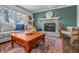 Cozy living room with a decorative stone fireplace, large windows, and stylish furniture enhancing the home's aesthetic at 8051 Sycamore Springs Trl, Indianapolis, IN 46239