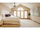 Spacious bedroom boasts lots of light, vaulted ceiling, comfortable carpet, and stylish décor at 8901 Shetland Ln, Indianapolis, IN 46278
