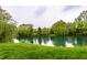 Scenic pond surrounded by lush greenery and mature trees, creating a peaceful natural view at 11905 Kelso Dr # 3, Zionsville, IN 46077