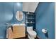 Stylish bathroom featuring a blue wall, modern vanity with a round mirror, and open shelving at 1476 N Illinois St, Indianapolis, IN 46202