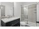 Bathroom featuring a granite vanity, shower with glass doors and subway tile surround at 284 Chatham Hills Blvd, Westfield, IN 46074