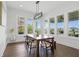 Bright dining room with a wooden table, modern lighting, and large windows overlooking the backyard at 284 Chatham Hills Blvd, Westfield, IN 46074