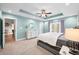 This main bedroom offers a ceiling fan, carpeted floor, ensuite access, and light blue walls at 4955 N 500 W, Columbus, IN 47201