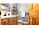 Stylish bathroom with a light-wood vanity, a toilet, and a neutral-colored wall at 8035 Black Oak Ct, Plainfield, IN 46168
