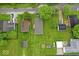 Aerial view of the house with a large backyard, storage shed, and multiple parking spots at 1040 Iowa St, Columbus, IN 47201