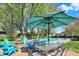 Backyard patio with a dining set, chairs, fire pit and umbrella for outdoor relaxation at 12669 Brookshire Pkwy, Carmel, IN 46033
