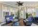 Inviting outdoor patio with comfortable seating, a fire pit, and a ceiling fan at 1295 Clairet Dr, Westfield, IN 46074