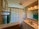 Neutral bathroom featuring a patterned shower curtain, decorative lighting, and a framed mirror at 2143 N Graham Ave, Indianapolis, IN 46218