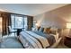 Bedroom with a large bed, bedside tables with lamps, seating area, and textured wallpaper at 4000 N Meridian St # Apt 15J, Indianapolis, IN 46208