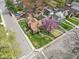 An aerial shot of a brick home with a well-kept lawn, surrounded by lush trees and a quiet neighborhood at 5697 Broadway St, Indianapolis, IN 46220