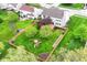Aerial view of landscaped backyard with stained wood fence, play-set, patio, and adjacent houses at 6164 Parrington Dr, Indianapolis, IN 46236