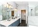 Bathroom featuring dual sinks, modern fixtures, walk-in closet, and glass shower at 6164 Parrington Dr, Indianapolis, IN 46236
