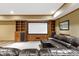Basement media center with mounted projector screen and comfortable leather seating at 12010 Landover Ln, Fishers, IN 46037