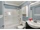 Bathroom features a tub with shower, white vanity, medicine cabinet, and blue accent walls at 251 Yorktown Rd, Greenwood, IN 46142