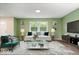 Bright living room featuring neutral walls, large windows, contemporary furniture, and a large television at 5719 Laurel Hall Dr, Indianapolis, IN 46226