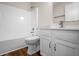 Bathroom showcasing a tub/shower and vanity with solid surface countertop and cabinets at 7652 Wood Stream Dr, Indianapolis, IN 46239