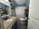 Bathroom with blue walls, vanity, decorative shower curtain, and a toilet at 1337 N Olney St, Indianapolis, IN 46201