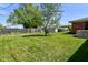 A grassy backyard featuring a shed, wooden fence, and mature trees at 2220 Radcliffe Ave, Indianapolis, IN 46227