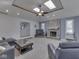 Open living room with fireplace, skylights, ceiling fan, and comfortable leather seating at 4759 Silver Hill Dr, Greenwood, IN 46142