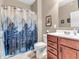 Bathroom with sink, toilet, and decorative mountain shower curtain at 4857 Silverbell Dr, Plainfield, IN 46168