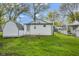 Backyard with a storage shed and green grass at 733 S Holmes Ave, Indianapolis, IN 46221