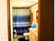 A bathroom with a blue-themed shower curtain, a white toilet, and a single vanity at 9067 Old Haggard Rd, Morgantown, IN 46160