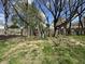A spacious, fenced backyard with mature trees and a mix of sun and shade on a partially grassy lawn at 9415 Timber View Dr, Indianapolis, IN 46250
