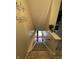 Carpeted stairwell featuring a stairway with light wall colors and view of an entrance at 9415 Timber View Dr, Indianapolis, IN 46250