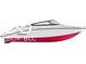 A sleek, white boat with a red hull is displayed against a bright background at 10590 Geist View Dr, Fishers, IN 46055