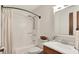 A full bathroom features neutral decor and a vanity with modern fixtures at 1127 Jody Ct, Greenwood, IN 46143