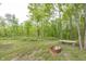 Cozy backyard featuring a fire pit and wooden bench surrounded by lush trees at 1630 Hinson Rd, Martinsville, IN 46151