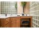 Bathroom showcasing a vanity, glass blocks, wooden cabinets, and a decorative plant at 2733 Foxborough Dr, Greenwood, IN 46143