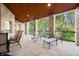 Inviting covered patio with comfortable lounge chairs, wood ceiling, and brick columns for relaxing and enjoying the outdoors at 2733 Foxborough Dr, Greenwood, IN 46143