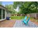 Charming backyard with brick patio, vibrant blue Adirondack chairs, lush lawn, and storage at 4904 Kessler Blvd N Dr, Indianapolis, IN 46228