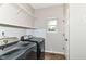 Functional laundry room equipped with modern appliances, shelving, and natural light, providing convenience and efficiency at 10524 Hawks Ridge Ct, Fishers, IN 46037