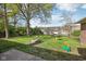 Landscaped backyard with mature trees, a fire pit, and a play area at 1416 Wellington Ave, Indianapolis, IN 46219