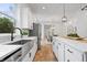 Well-lit kitchen showcasing stainless farmhouse sink, white cabinets, subway tile, and modern faucet fixture at 2044 Alvord St, Indianapolis, IN 46202