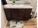 Bathroom vanity with dark wood cabinets, laminate countertop, and a decorative rug at 2068 Deer Valley Ct, Columbus, IN 47201