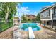 Backyard featuring a fenced in pool with diving board and slide near home at 676 La Placita St, Greenwood, IN 46143