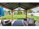 View of the covered patio with a seating area, fire table, and green backyard with playset at 6842 Viola Ct, Indianapolis, IN 46237