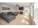 Spacious living room with comfortable seating, fireplace, ceiling fan, and plenty of natural light at 755 Canberra Blvd, Westfield, IN 46074